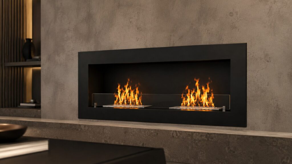 Wide black bioethanol fireplace in a warm stone interior used to verify product imagery against the ordered configuration