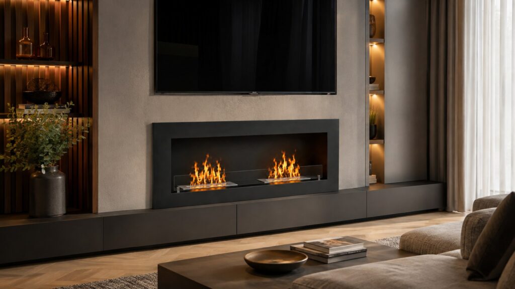 Wide bioethanol fireplace in a contemporary living room before a B2B product specification review