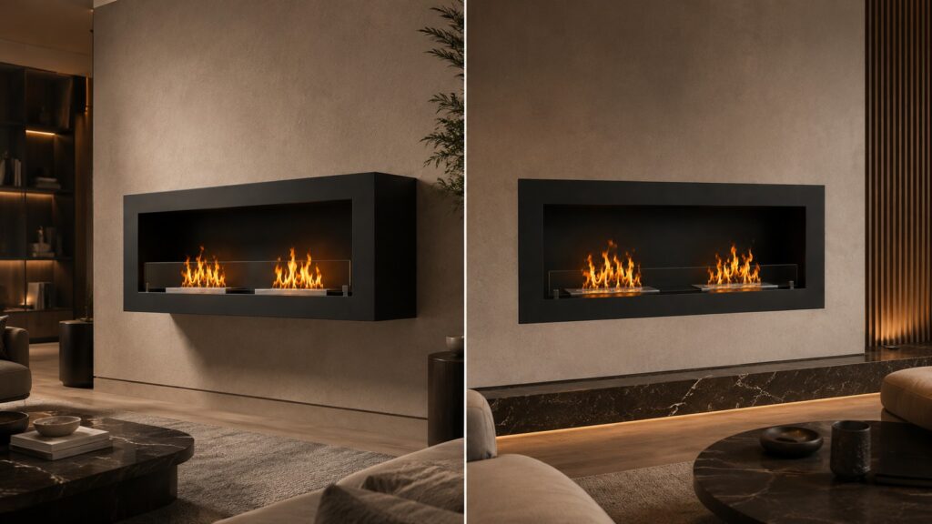 Wall-mounted and built-in bioethanol fireplaces compared in contemporary interiors