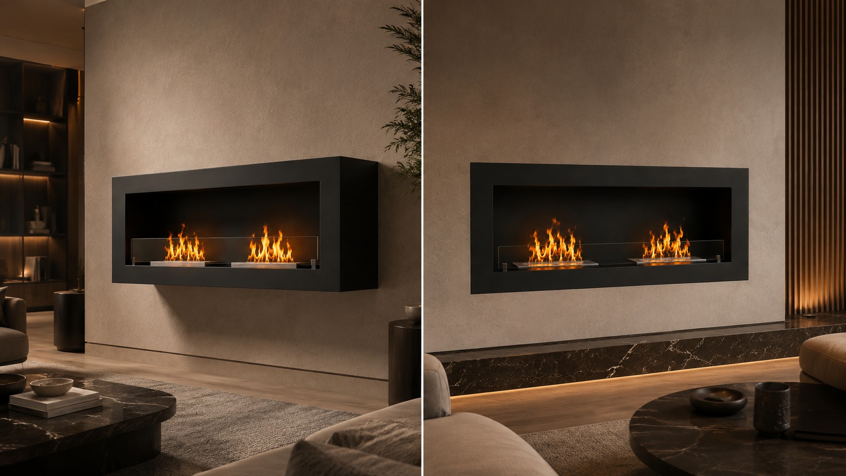 Wall-mounted and built-in bioethanol fireplaces compared in contemporary interiors