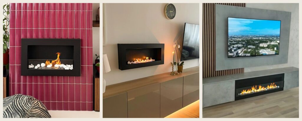Three different bioethanol fireplace formats shown in distinct residential interiors for e-commerce assortment planning