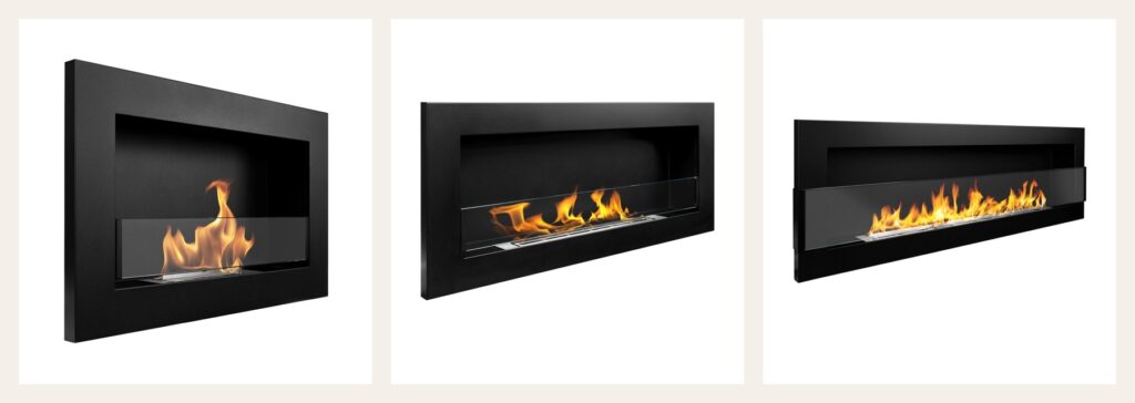 Three bioethanol fireplace formats arranged from compact to wider models