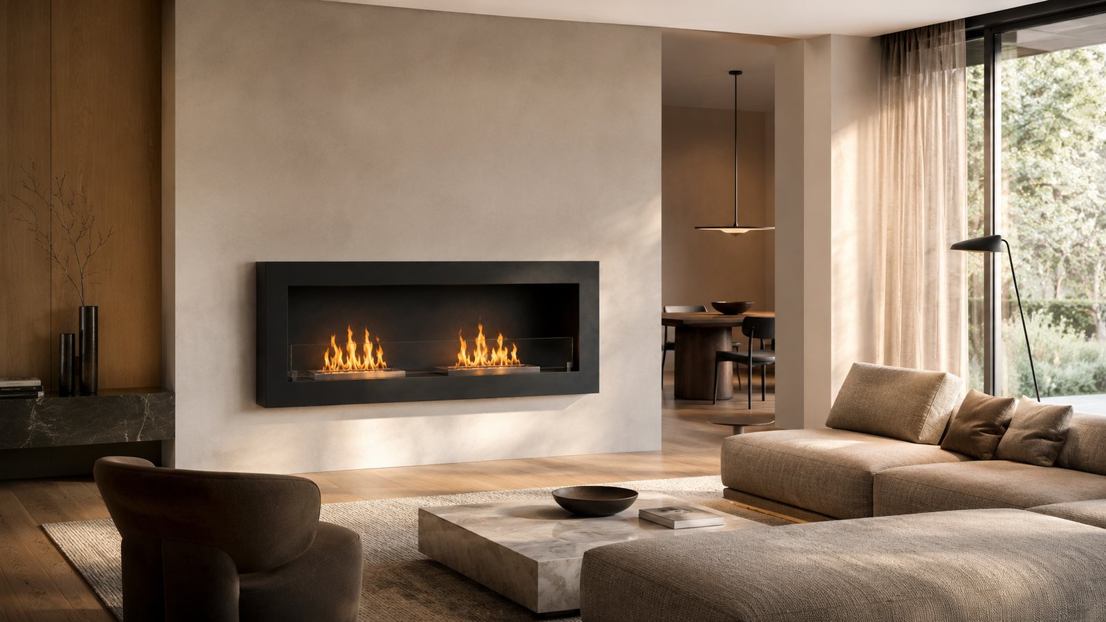 HOMEART wide-format bioethanol fireplace in a contemporary European living room