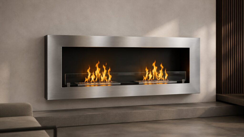 HOMEART bioethanol fireplace with polished steel front in a contemporary interior