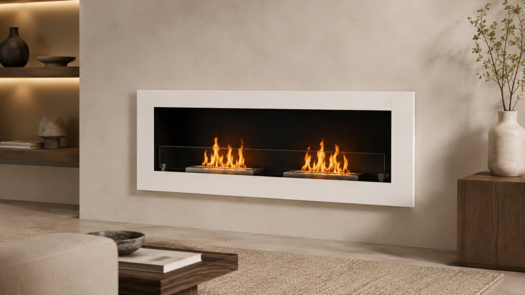 HOMEART bioethanol fireplace with white front frame in a warm minimalist interior